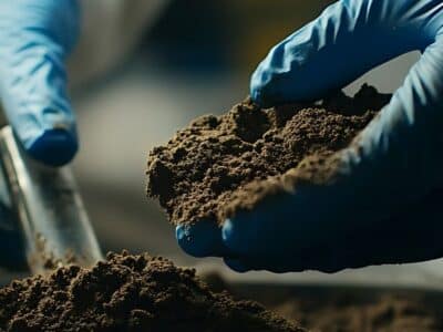 A scientist wearing blue gloves holds and examines soil over a tray. A beaker is visible on the side, suggesting a laboratory environment focused on soil analysis or environmental research.