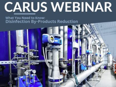 Webinar banner with large text "CARUS WEBINAR" and smaller text "What You Need to Know: Disinfection By-Products Reduction." Background features industrial pipes and equipment in a facility.