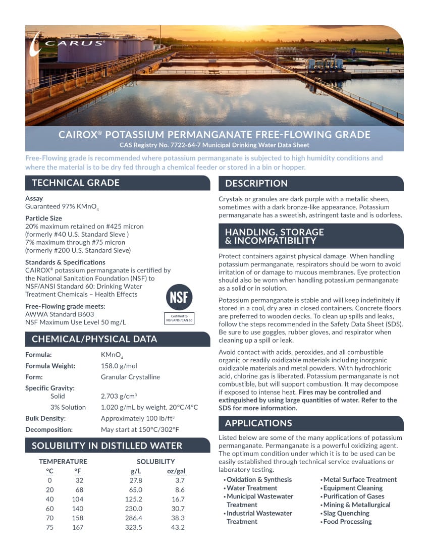 Potassium permanganate data sheet detailing technical grade, description, chemical/physical data, handling, storage, incompatibility, and solubility in distilled water. Includes NSF certification and safety handling practices.