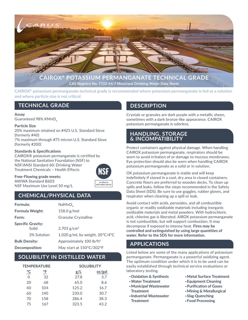 Infographic titled "Cairox Potassium Permanganate Technical Grade." It includes technical and chemical/physical data, handling, storage, and compatibility instructions, solubility in distilled water, and graphics of a water treatment facility.