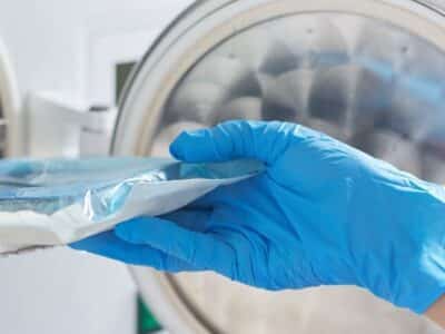 A person wearing blue gloves is placing a sealed blue packet into an open autoclave sterilizer. The metallic interior of the autoclave is visible, with racks for holding items. The setting appears to be a medical or laboratory environment.