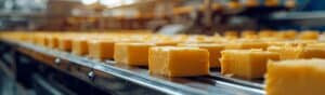 Rows of rectangular cheese blocks on a conveyor belt in a cheese factory, with a blurred background showcasing more cheese and machinery.