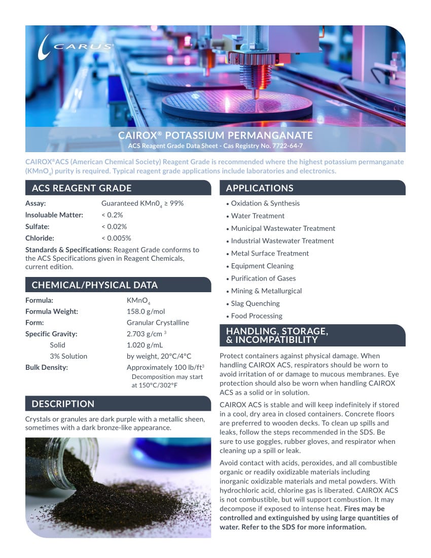 Product information sheet for CAIROX® Potassium Permanganate featuring details on reagent grade, chemical/physical data, description, and handling/storage instructions, with an image of potassium permanganate crystals.