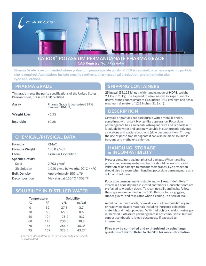 Promotional flyer for Cairox Potassium Permanganate Pharma Grade by Carus. It includes details about properties, chemical/physical data, shipping containers, applications, handling instructions, and solubility information with images of beakers and containers.