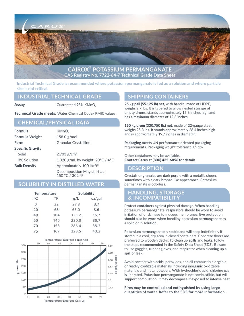 A technical data sheet for Cairox Potassium Permanganate from Icarus. It includes sections on chemical properties, shipping containers, solubility in water, handling, and storage, along with safety warnings and contact information.