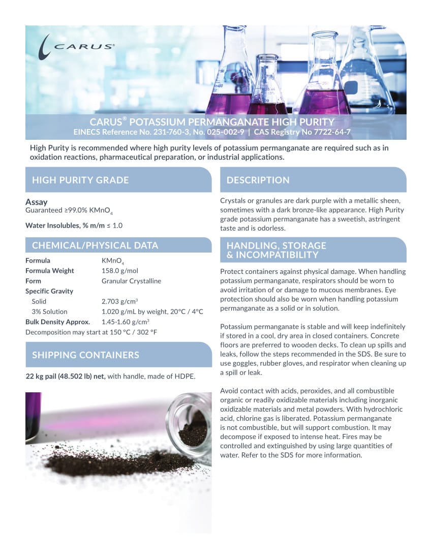 A Carus product information sheet for high purity potassium permanganate, detailing chemical data, applications, handling instructions, and container specifications. Includes a background image of glassware with purple liquid.