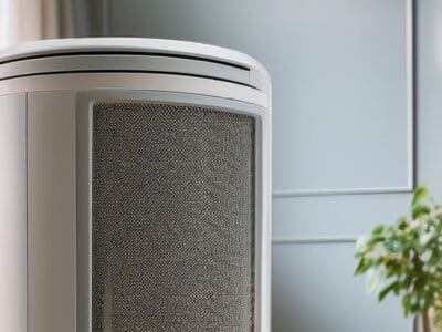 A modern air purifier in a cozy room with soft lighting. The background features a comfortable chair with a pillow, a framed leaf artwork on the wall, and large windows with potted plants on the sill.