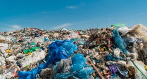 A large pile of garbage under a clear blue sky, consisting of various plastic bags, bottles, and miscellaneous waste. The waste is spread across the ground, creating a colorful yet chaotic scene with environmental implications.