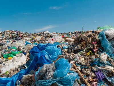 A large pile of garbage under a clear blue sky, consisting of various plastic bags, bottles, and miscellaneous waste. The waste is spread across the ground, creating a colorful yet chaotic scene with environmental implications.