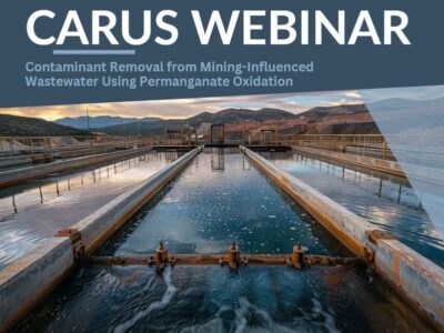 A large water treatment facility is shown with metal structures and channels. Above, text reads "CARUS WEBINAR: Contaminant Removal from Mining-Influenced Wastewater Using Permanganate Oxidation." The background shows mountainous terrain.