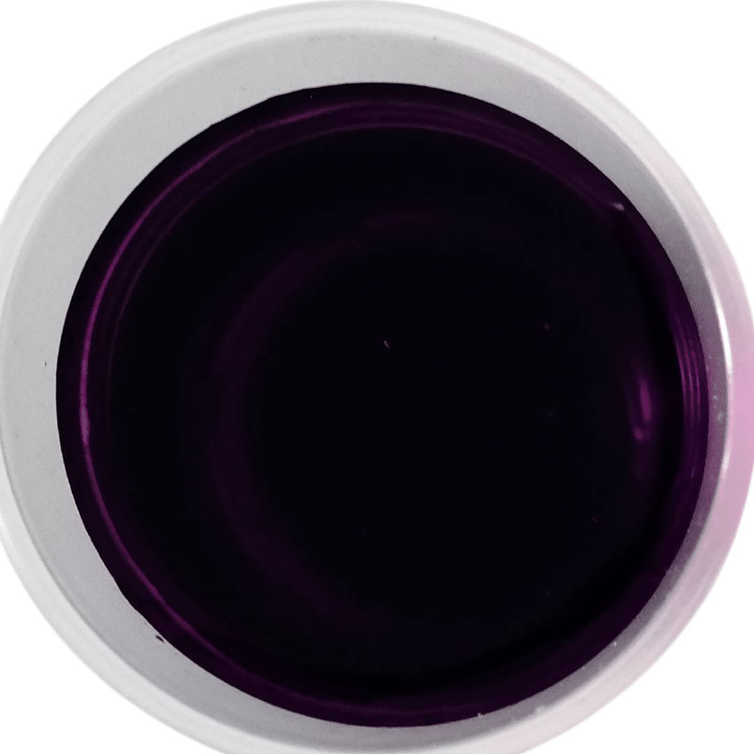 A top view of a small, round plastic container filled with dark purple liquid, set against a white background. The liquid appears glossy and opaque.