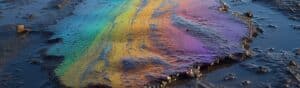 A colorful oil slick creates a rainbow effect on the surface of wet asphalt. The surface is uneven and textured, reflecting the light to produce vivid colors, including blue, green, yellow, and purple, against the dark background.