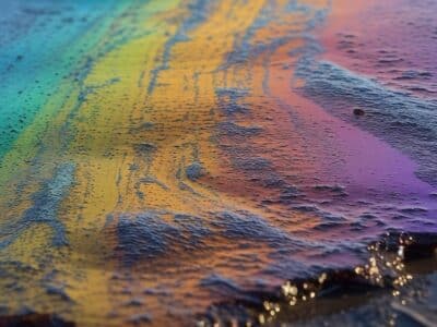 Rainbow-colored oil slick on wet pavement, creating a vibrant contrast with the dark surface. The iridescent hues range from purple to yellow, reflecting light in soft waves across the textured ground.