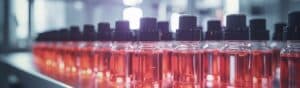 Rows of small clear bottles filled with red liquid are lined up, each with a black cap. The background is blurred, focusing attention on the uniformity and vibrant color of the liquid. The setting appears to be a laboratory or manufacturing facility.