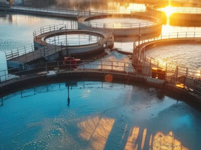 Aerial view of a water treatment plant at sunset, featuring large circular tanks reflecting the orange glow. Surrounding water is calm, and the facility's structure is silhouetted against the vibrant sky.