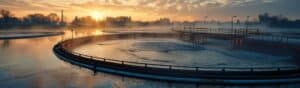 A serene, foggy sunrise over a circular water treatment plant. Rippling water is contained within round basins, and gentle mist rises against the golden sky. Trees and industrial structures line the horizon.