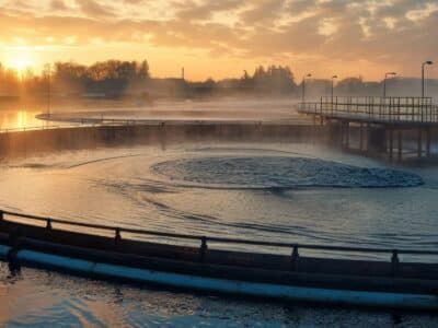 A serene, foggy sunrise over a circular water treatment plant. Rippling water is contained within round basins, and gentle mist rises against the golden sky. Trees and industrial structures line the horizon.