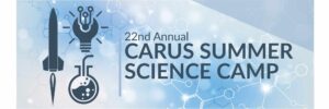 Banner for the 22nd Annual Carus Summer Science Camp. Features icons of a rocket, a lightbulb with gears, and a chemistry flask, set against a blue molecular background.