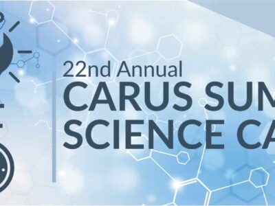 Banner for the 22nd Annual Carus Summer Science Camp. Features icons of a rocket, a lightbulb with gears, and a chemistry flask, set against a blue molecular background.