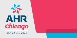 The image features a promotional design for "AHR Chicago" with dates "Jan 22-24, 2024." The background includes a stylized pinwheel logo and a red geometric shape on the right.