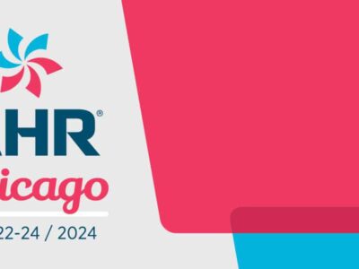 The image features a promotional design for "AHR Chicago" with dates "Jan 22-24, 2024." The background includes a stylized pinwheel logo and a red geometric shape on the right.