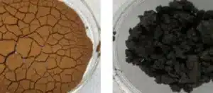 Split image showing two petri dishes: the left dish contains dry, cracked brown soil; the right dish holds dark, moist soil.