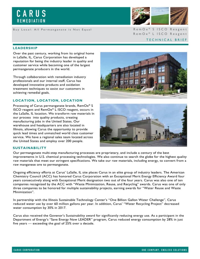 A technical brief document from Carus Remediation. The page highlights leadership, location, safety, and innovative processes. It includes bulleted lists, a small building image, and the Carus Corporation's logo at the top.