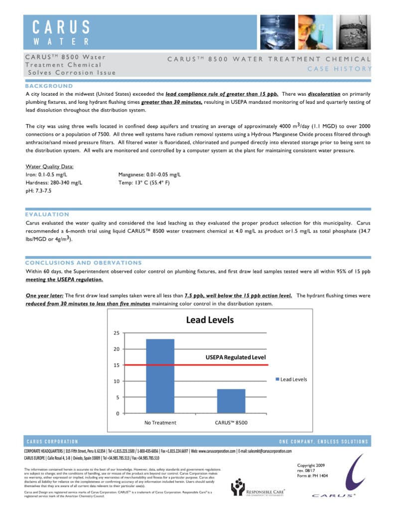 Case history document for Carus® 8500 Water Treatment Chemical discussing lead compliance with graphs and tables. The document includes a map of Illinois, evaluation and conclusion sections, and contact information for Carus Corporation.