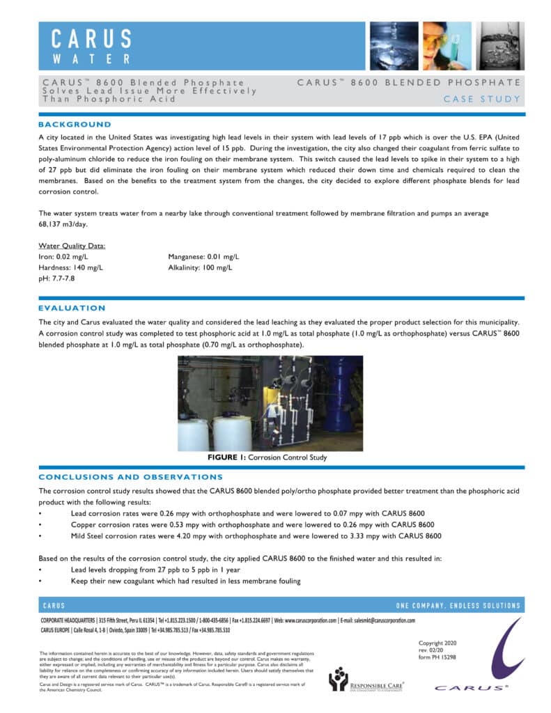 An informative poster detailing a case study of Carus™ 8600 Blended Phosphate for lead corrosion control in water systems. It includes background information, evaluation data, a corrosion study image, and conclusions. Contact and product information is provided.