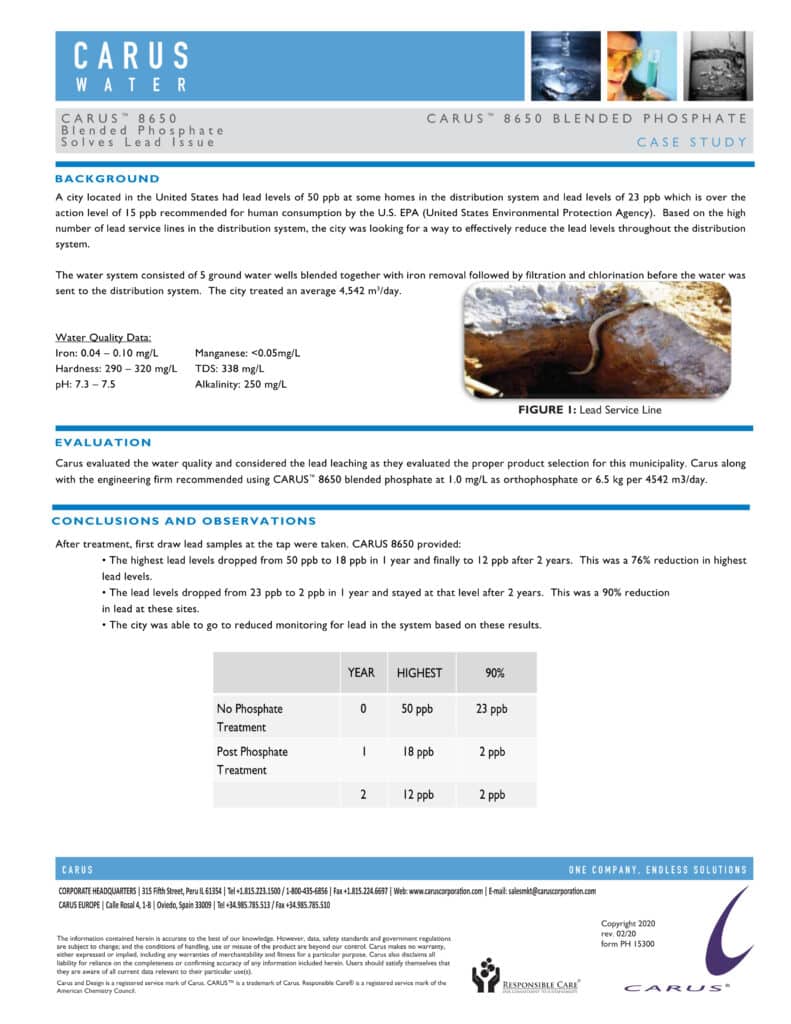 A case study document for Carus® 8650 blended phosphate. It includes water quality data, a background on a city's lead contamination issue, evaluation results, conclusions, and an image of a lead service line with descriptions and a bar chart.