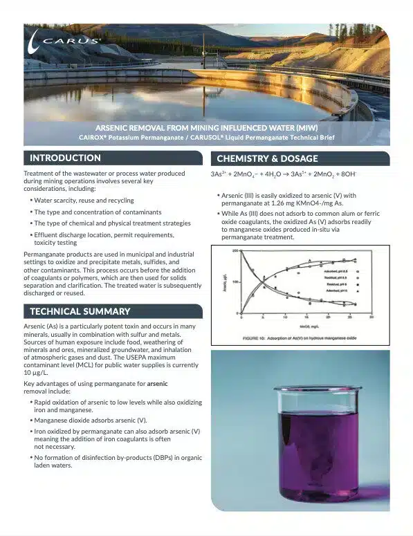 Infographic on arsenic removal from mining-influenced water using Carus potassium permanganate. It includes sections on introduction, technical summary, chemistry and dosage, with images of water treatment processes and a chemical diagram.