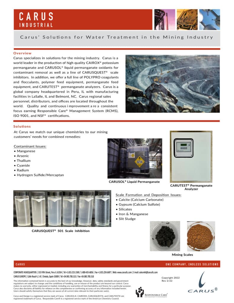 Flyer for Carus Industrial, a company offering water treatment solutions for mining. It details products like liquid permanganate for controlling contaminants and features images of products and mining scales. Logos and contact info are at the bottom.