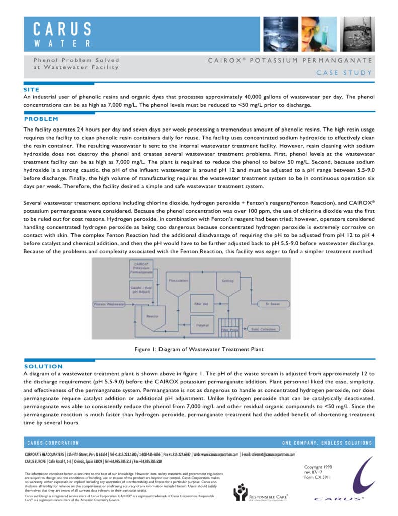 Case study document for a wastewater facility using CAIROX® Potassium Permanganate. Includes text about problem, solution, and results, along with a flow diagram of a wastewater treatment plant and contact information for Carus Water Solutions.