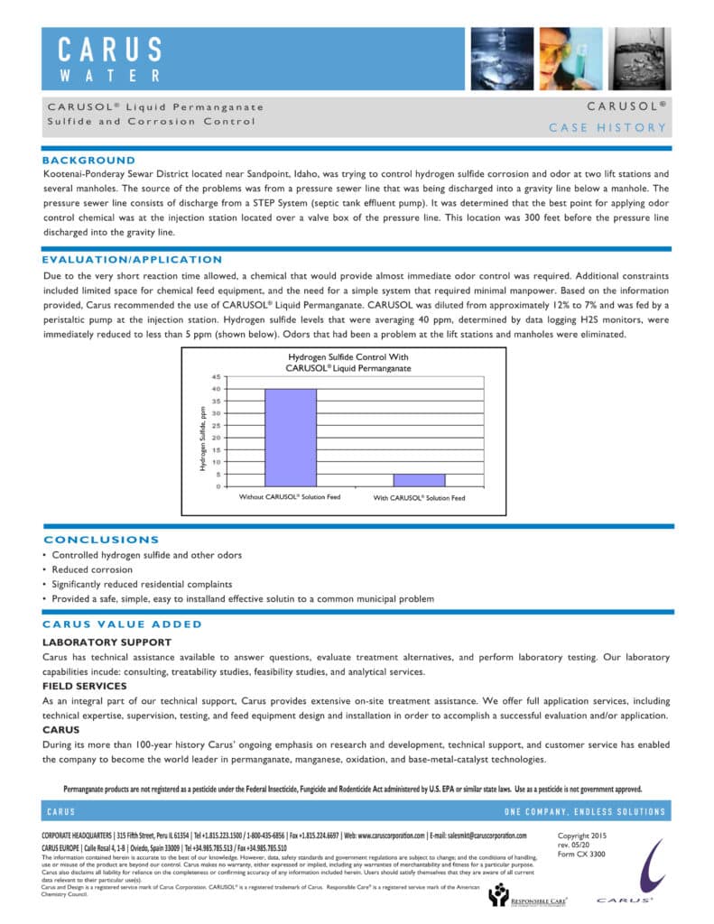 Case study document for Carusol liquid permanganate by Carus Water, detailing sulfide and corrosion control. Includes graphs, tables, conclusions, and visual elements focused on evaluation and application.