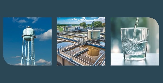 Separate images of a water tower, water treatment plant, and glass of drinking water being poured all on a dark blue background for page divider image.