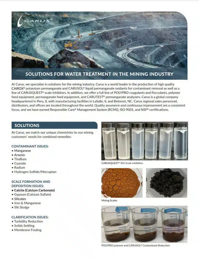 A flyer for Carus showcasing solutions for water treatment in the mining industry. It features images of a mining site, various chemical products, and containers demonstrating scale prevention. Text highlights products and certifications.