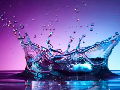 Water splash closeup with pink, purple, and blue hues in background for header image.