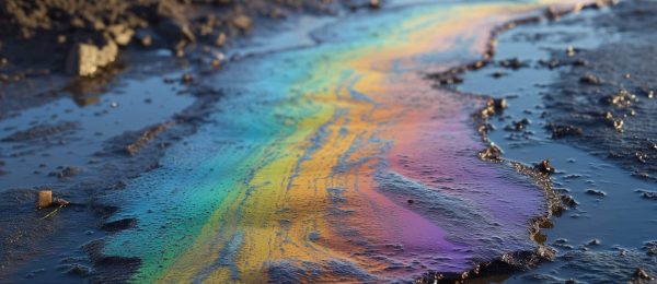 A film of petroleum products shimmers iridescently on the surface of a dirt road. The aftermath of a chemical spill, a dangerous pollution that threatens land and water.