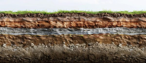 Section of soil with underground water, layers of earth and rocks